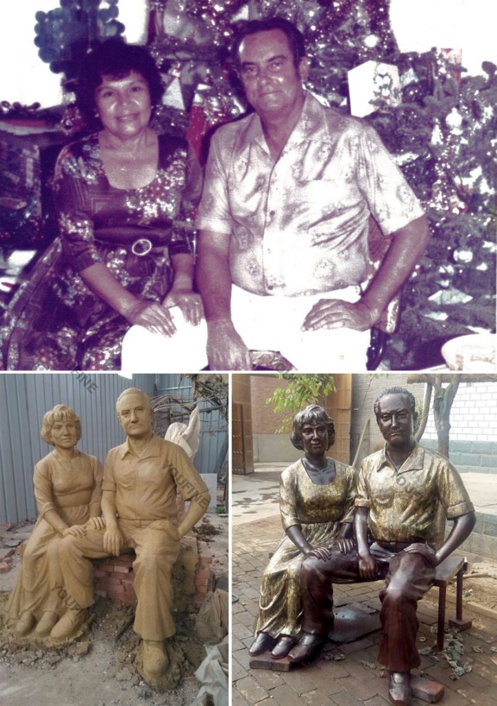 Custom made brozne family couples sitting on the long bench outdoor garden statues from a photo designs