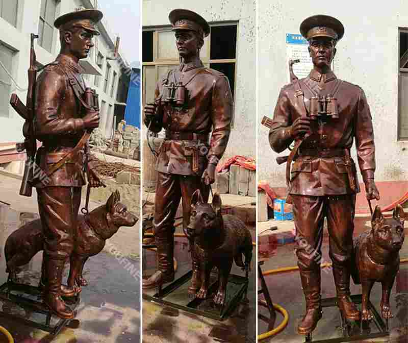 Military Bronze Solider and Dog Statues